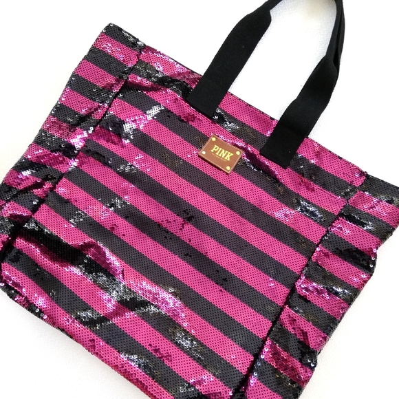 VS PINK Bling Stripe Tote Bag Logo Patch sequins - Picture 9 of 10